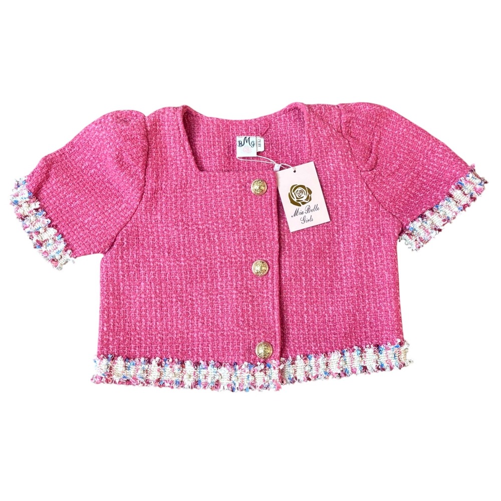 NWT‎ Girls Couture Mia Belle Puff Sleeve Tweed Blazer Pearls Pink Button Gold